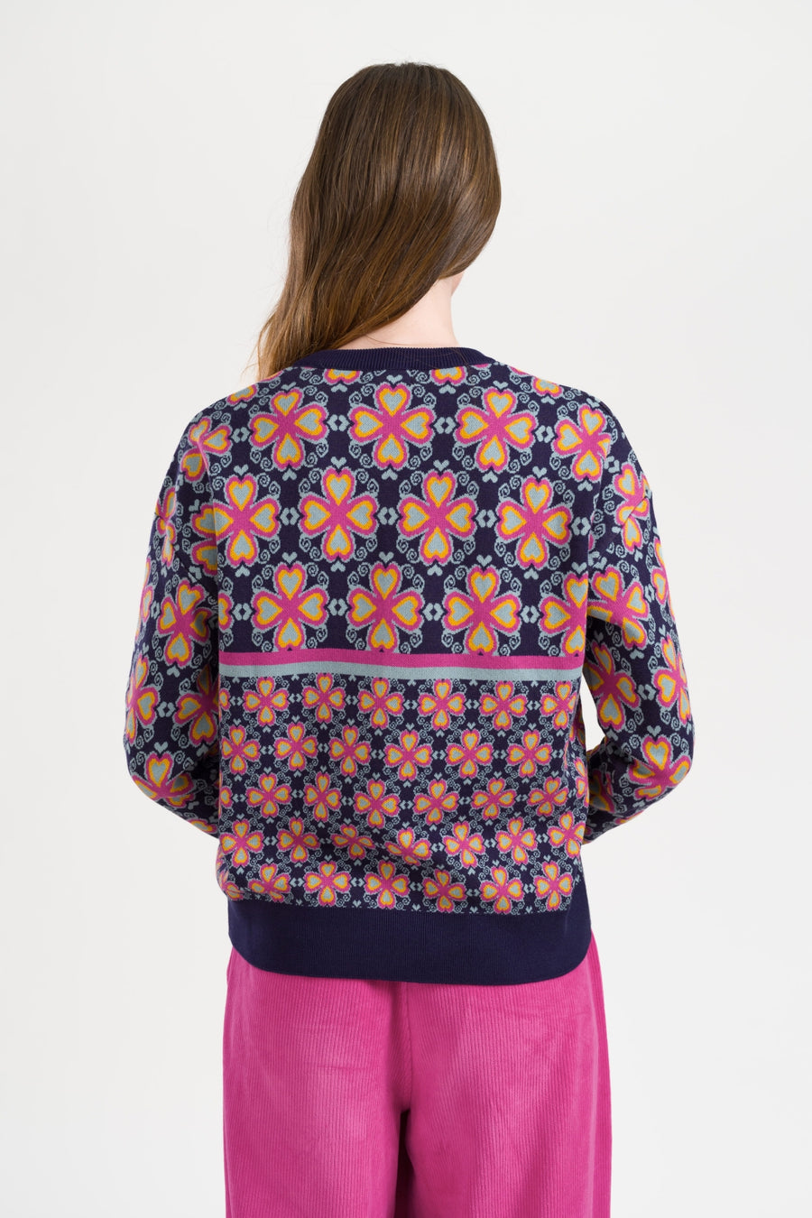 Sweater V-Neck Retro Hearts Knitwear | Navy Peony