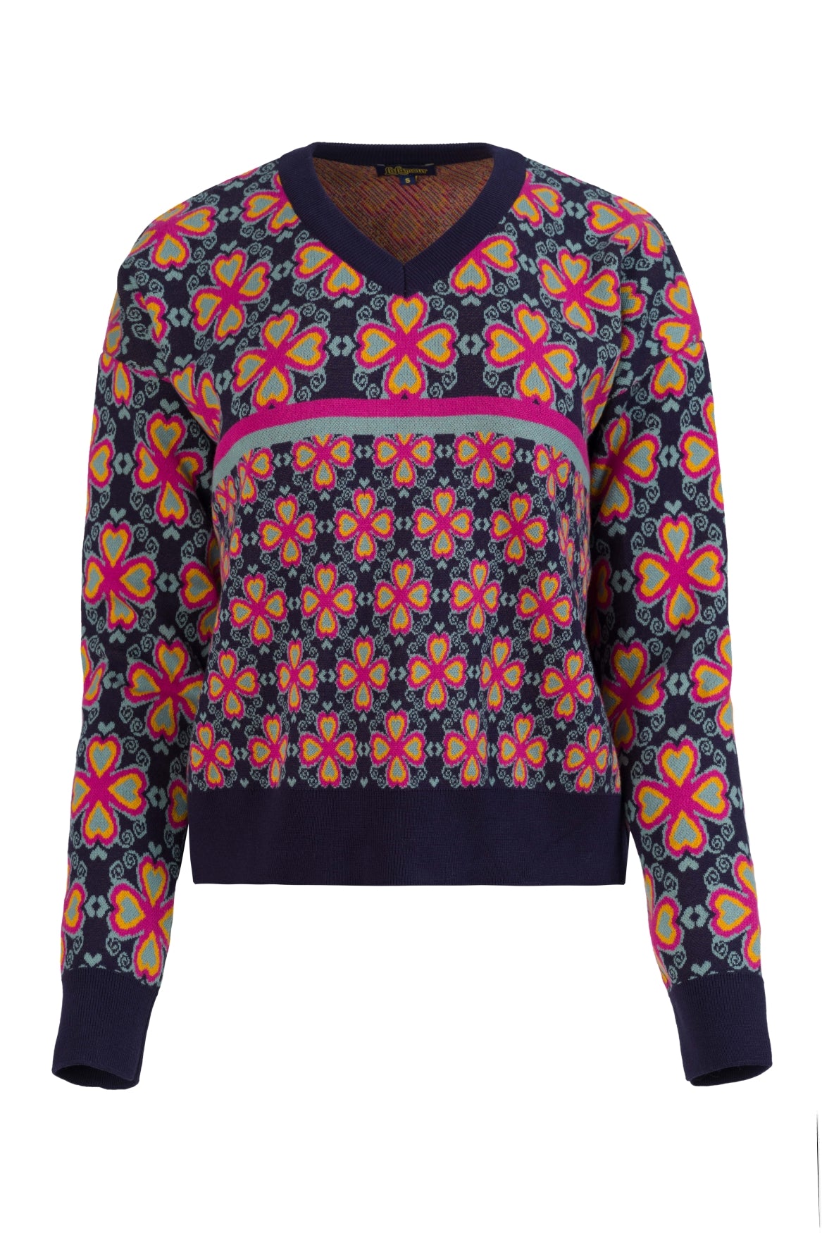 Sweater V-Neck Retro Hearts Knitwear | Navy Peony