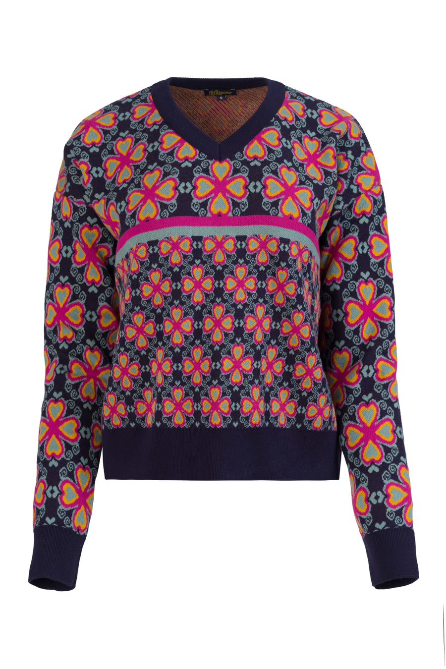 Sweater V-Neck Retro Hearts Knitwear | Navy Peony