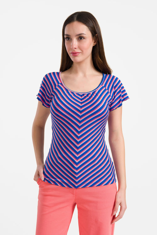 Kurzarm-Top mit Schmetterlingsmotiv | Fröhlich gestreiftes Blau