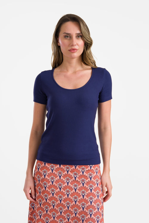 Ella Kurzarm-T-Shirt | Gerippt, Marineblau