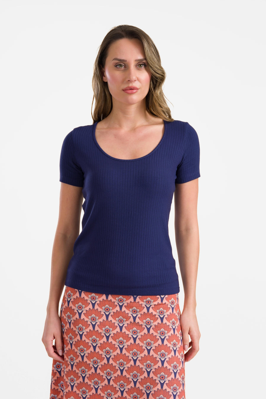 Ella Kurzarm-T-Shirt | Gerippt, Marineblau