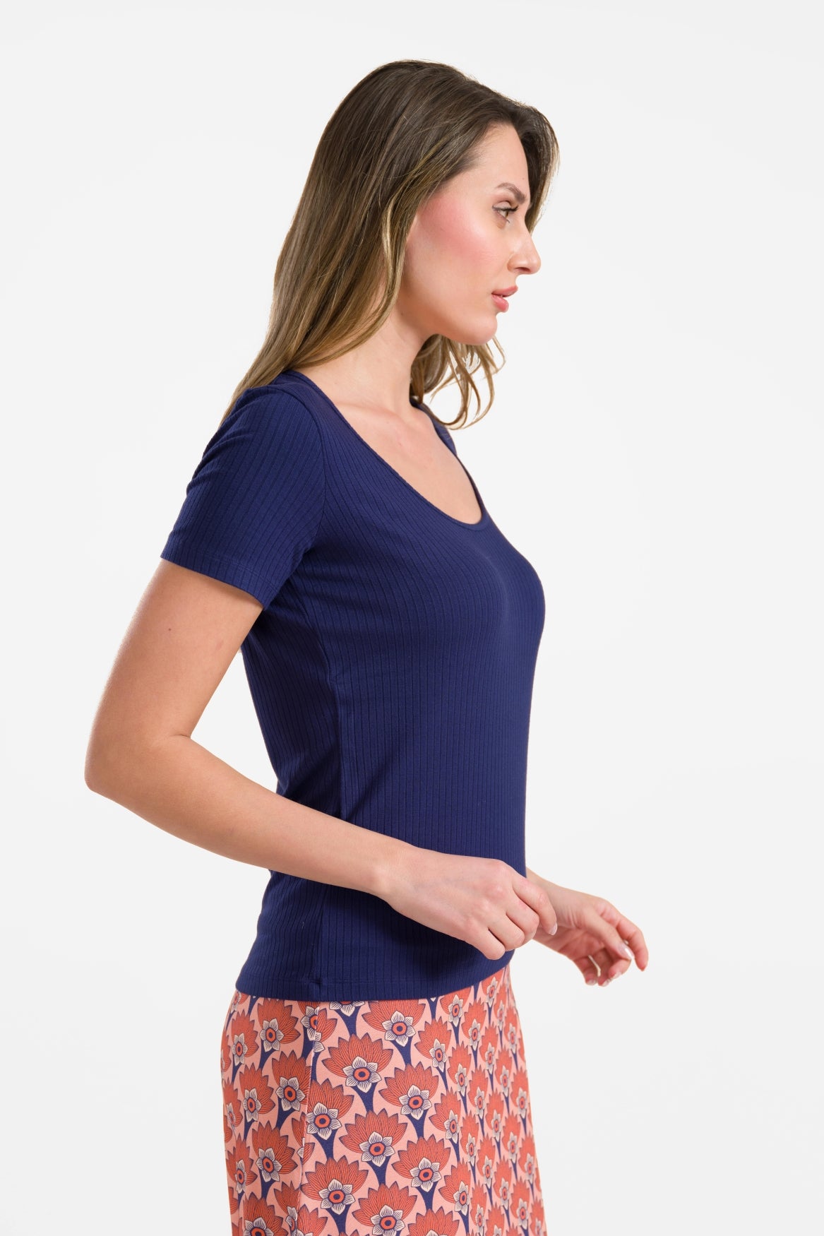Ella Kurzarm-T-Shirt | Gerippt, Marineblau