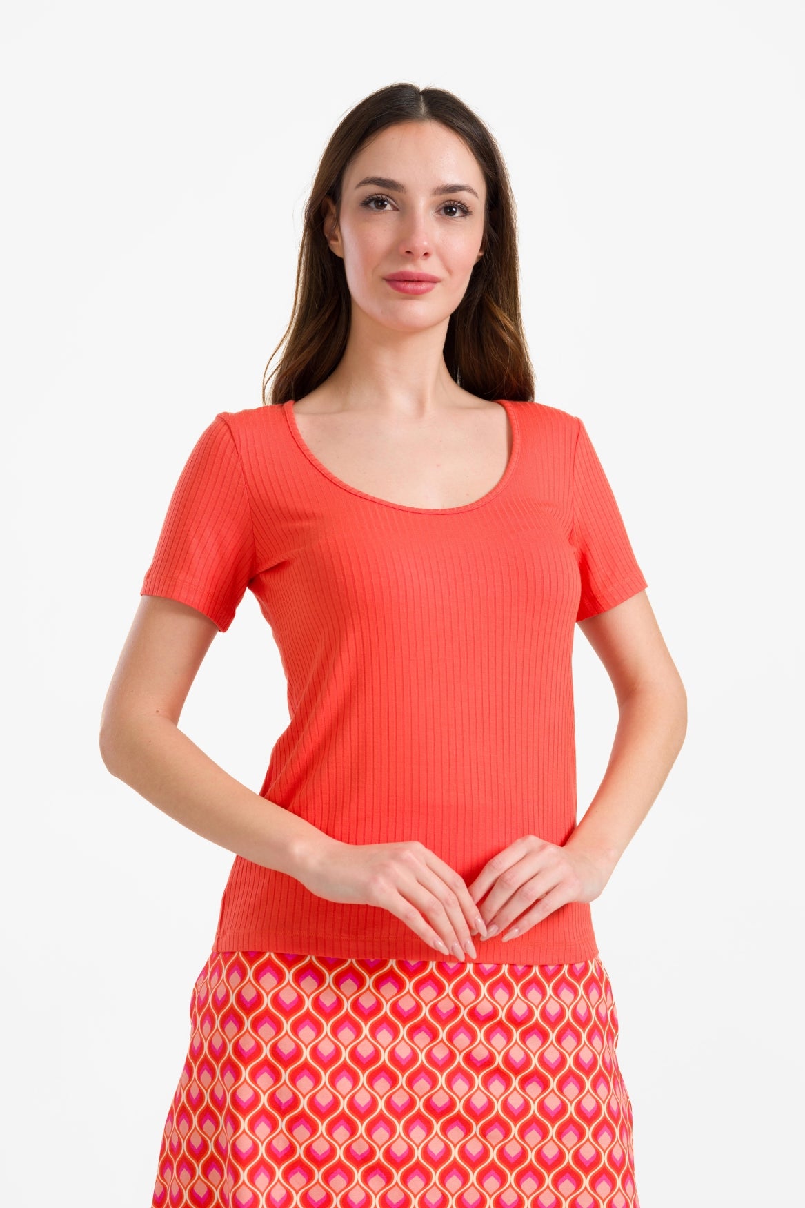 Ella Kurzarm-T-Shirt | Gerippt, Orange-Rot