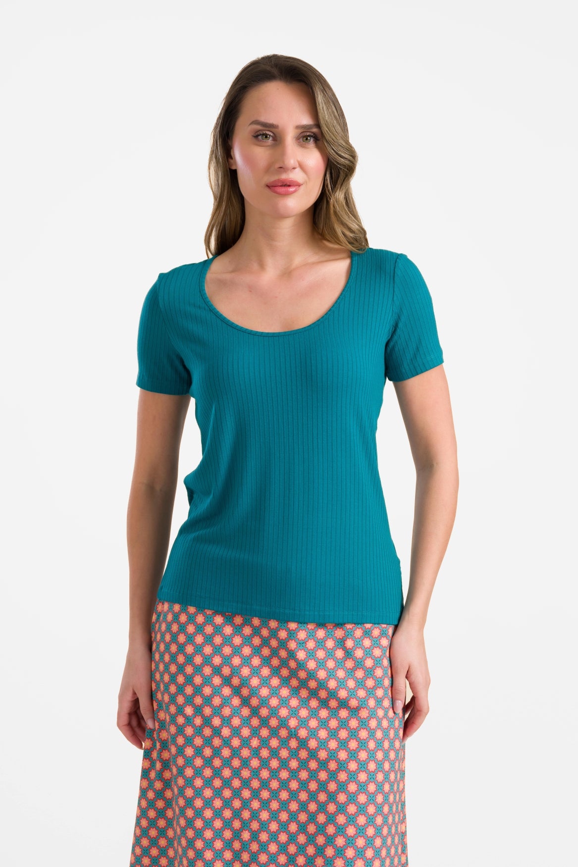 Ella Kurzarm-T-Shirt | Gerippt, Petrolblau