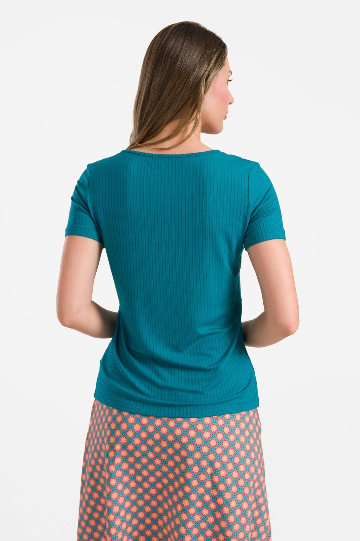 Ella Kurzarm-T-Shirt | Gerippt, Petrolblau