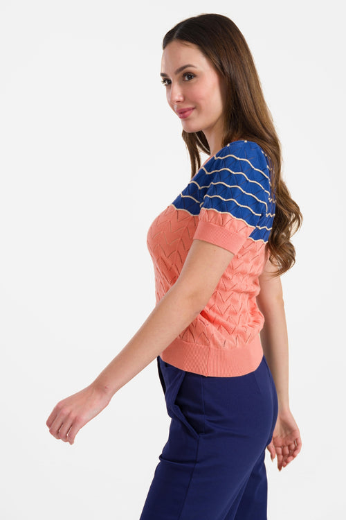 Strickpullover mit V-Ausschnitt und kurzen Ärmeln | Lachs