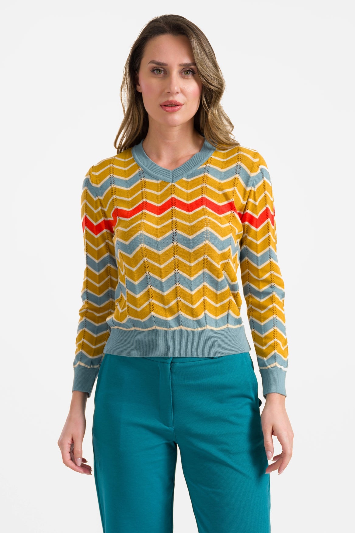 Strickpullover mit V-Ausschnitt und langen Ärmeln | Senfgelb