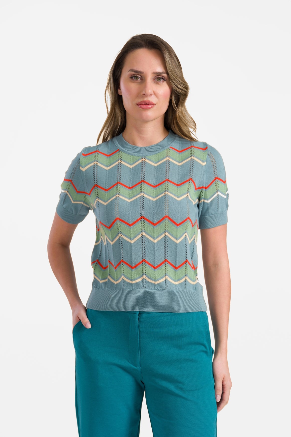 Strickpullover mit Rundhalsausschnitt und kurzen Ärmeln | Türkis