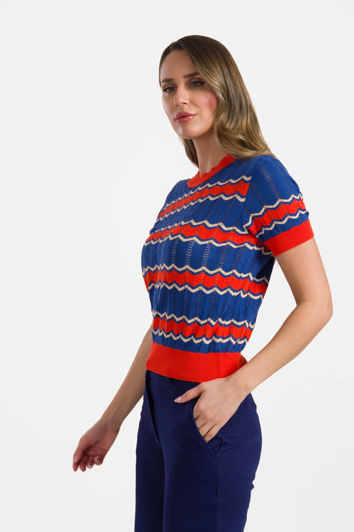 Strickpullover mit Rundhalsausschnitt und kurzen Ärmeln | Indigo