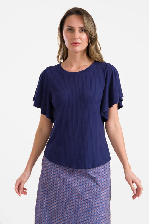 Sophie Top mit kurzen Schmetterlingsärmeln | Gerippt, Marineblau