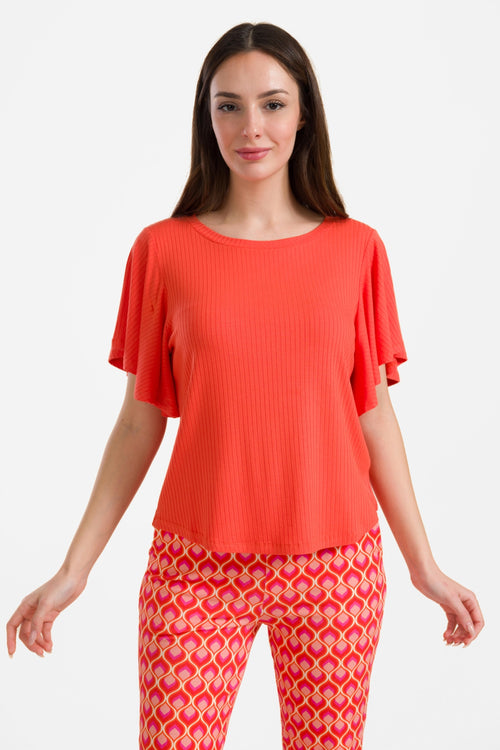 Sophie Top mit kurzen Schmetterlingsärmeln | Gerippt, Orange-Rot