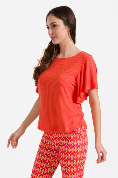 Sophie Top mit kurzen Schmetterlingsärmeln | Gerippt, Orange-Rot