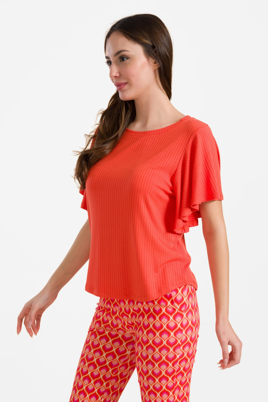 Sophie Top mit kurzen Schmetterlingsärmeln | Gerippt, Orange-Rot