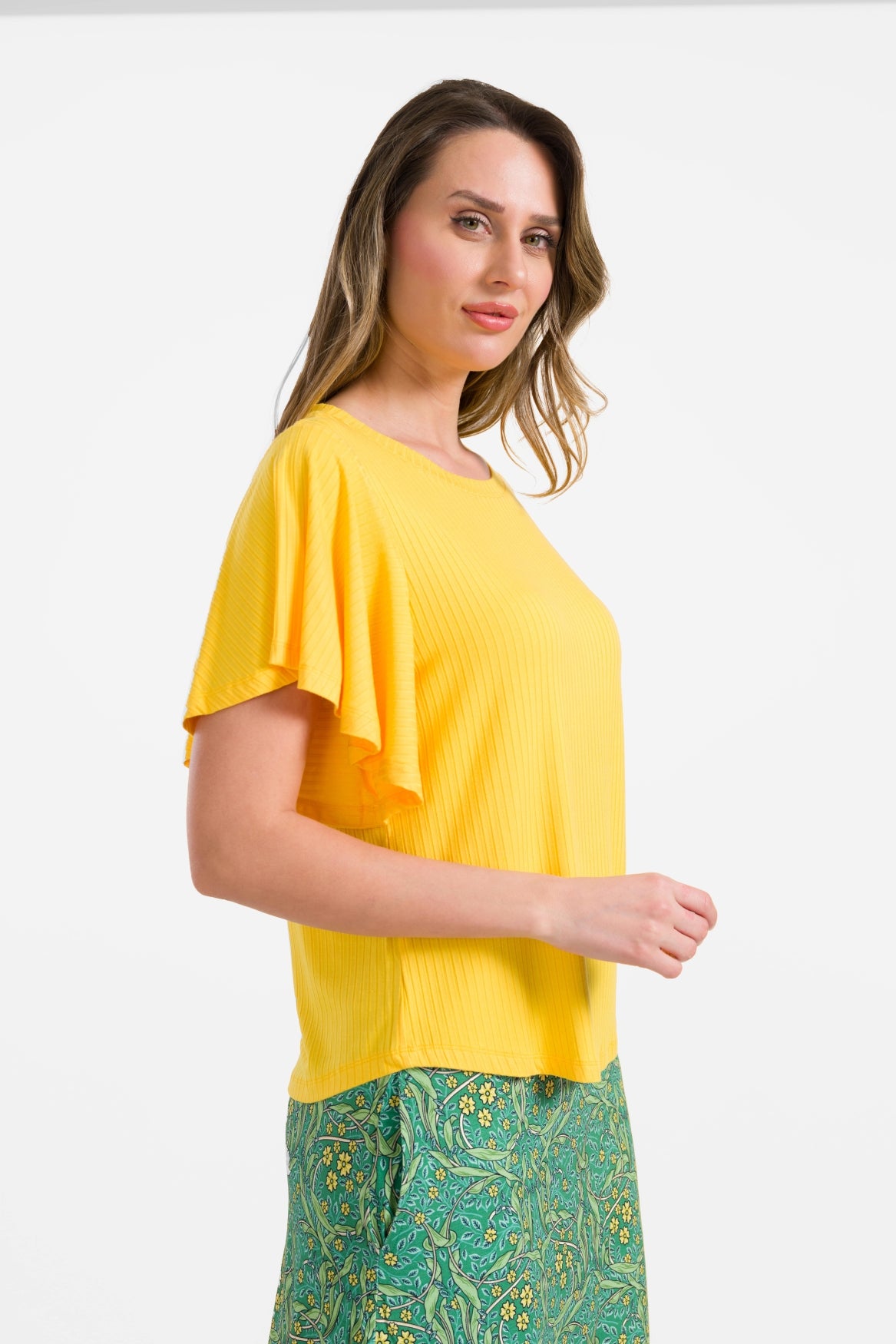 Sophie Top mit kurzen Schmetterlingsärmeln | Gerippt, Gelb