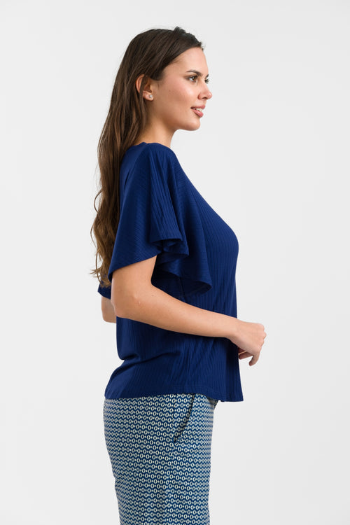 Sophie Top mit kurzen Schmetterlingsärmeln | Gerippt, Marineblau