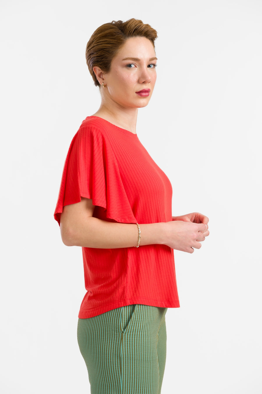 Sophie Top mit kurzen Schmetterlingsärmeln | Gerippt, Rot