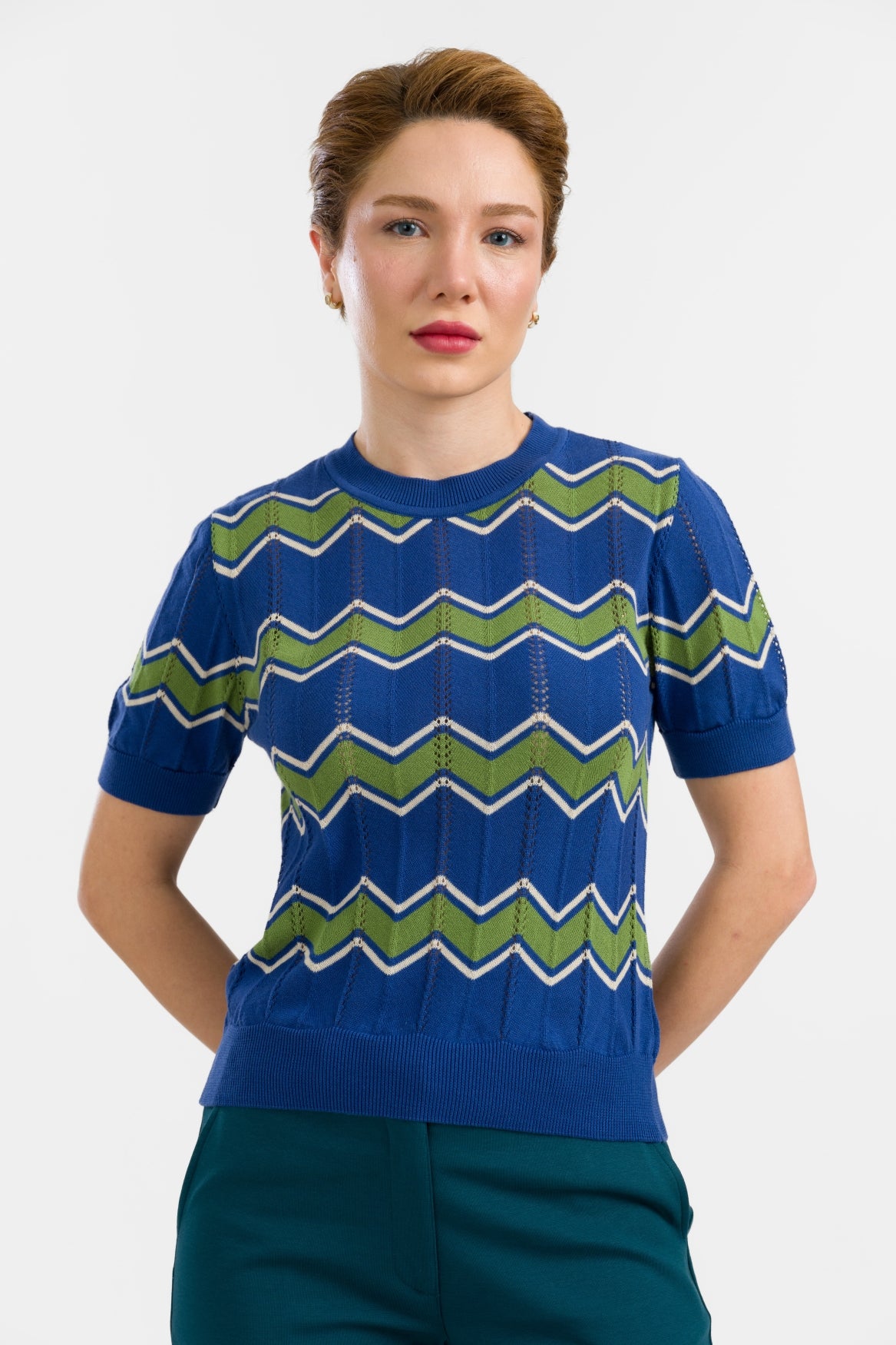 Strickpullover mit Rundhalsausschnitt und kurzen Ärmeln | Zickzackmuster, Blau