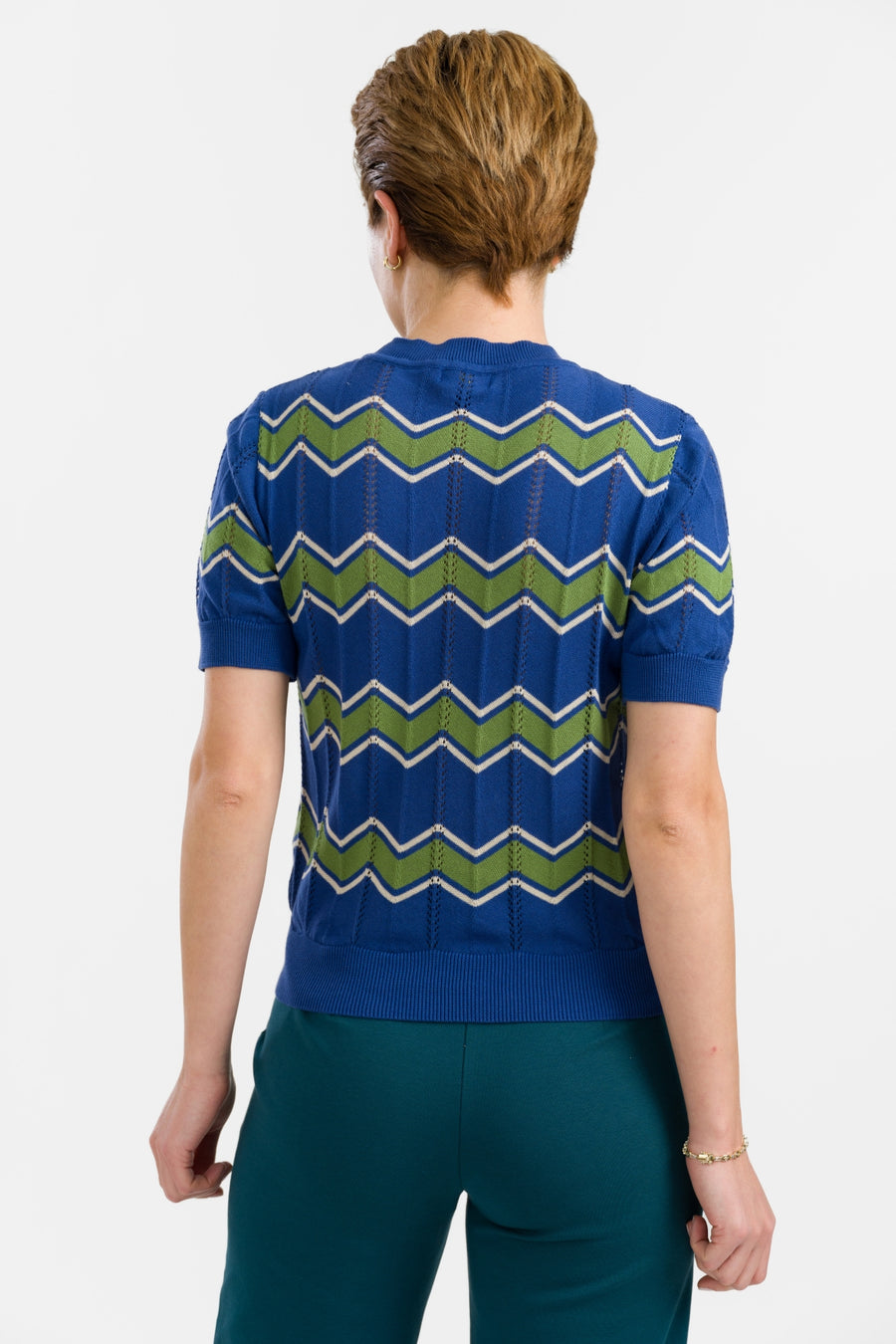 Strickpullover mit Rundhalsausschnitt und kurzen Ärmeln | Zickzackmuster, Blau