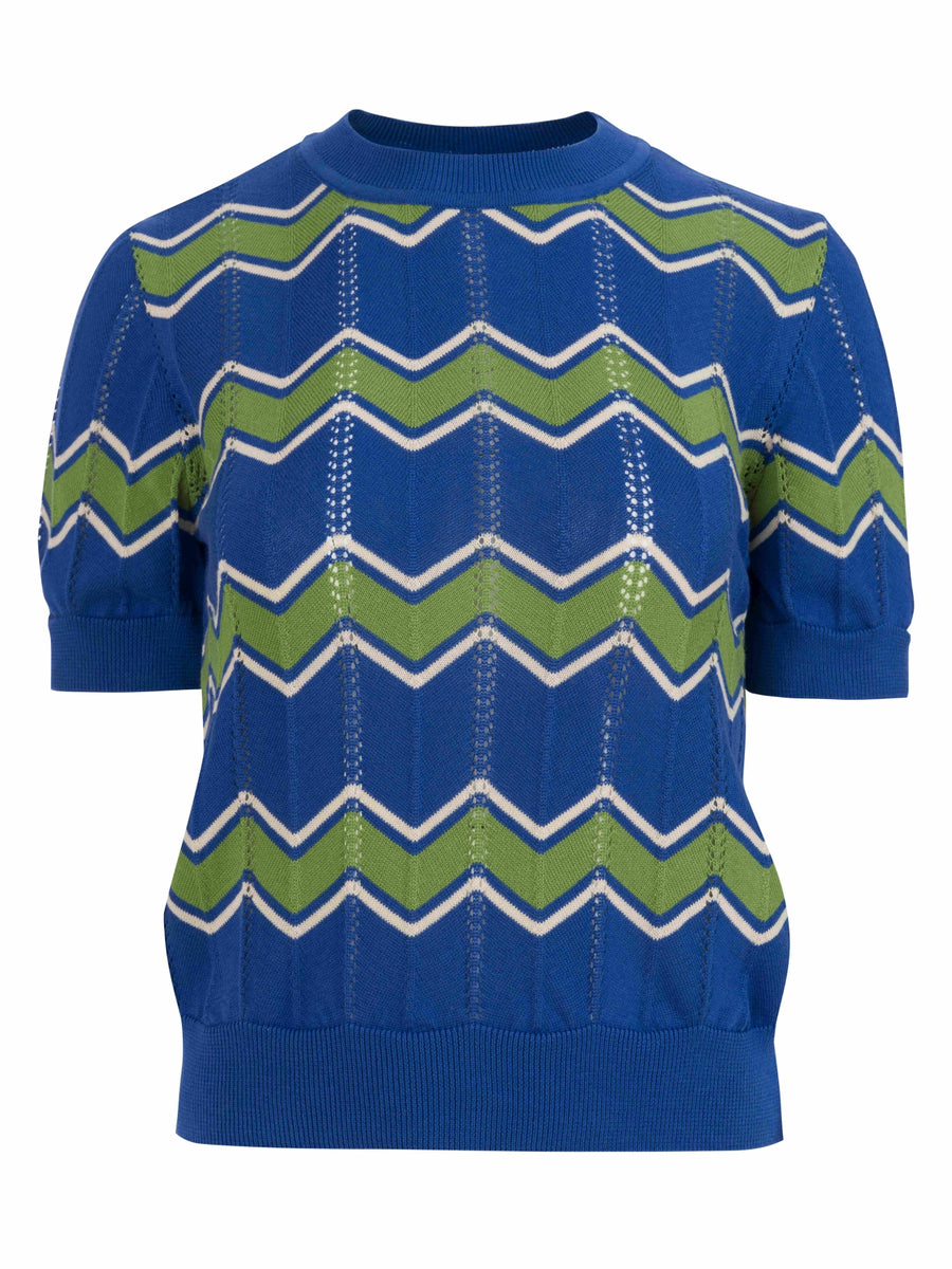 Strickpullover mit Rundhalsausschnitt und kurzen Ärmeln | Zickzackmuster, Blau