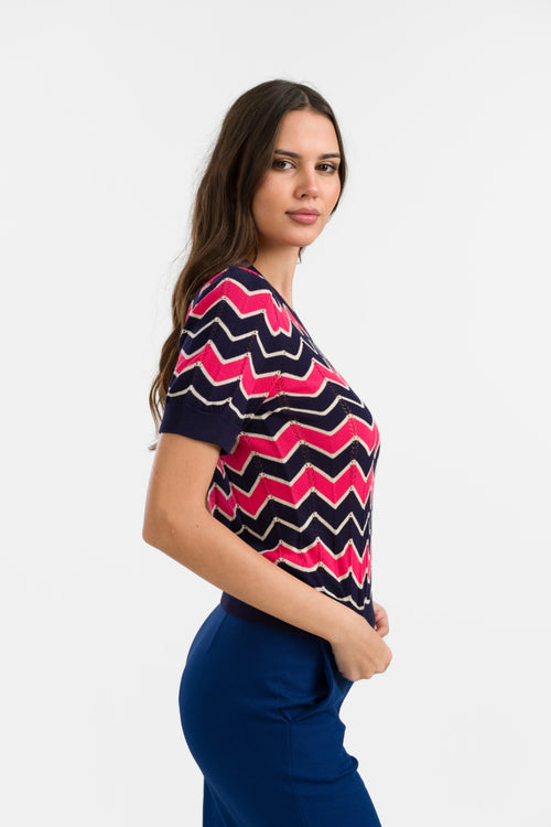 Strickpullover mit V-Ausschnitt und kurzen Ärmeln | Zickzackmuster, Marineblau