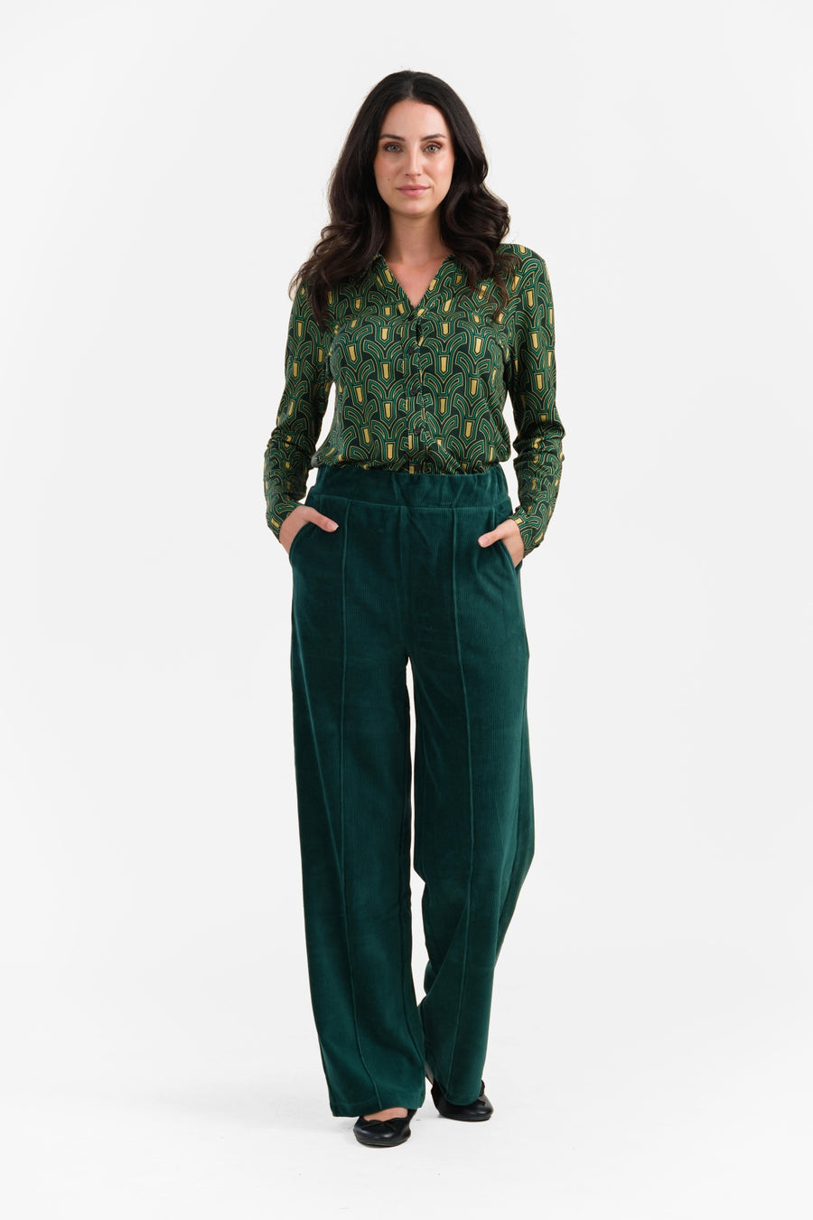 Hailey Hose | Gerippter Velours, Uni, Regenwald