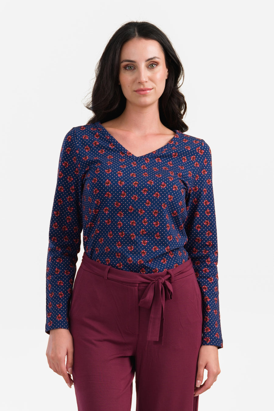 Lynn Top | Haselnussbraun gepunktetes Blau