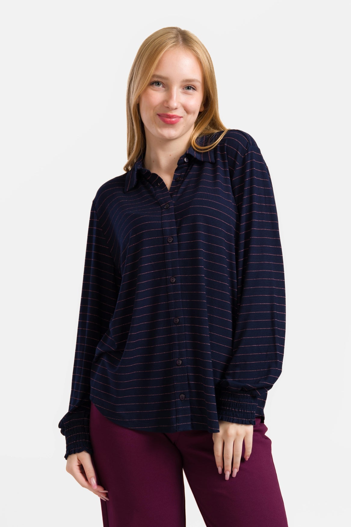 Amy Bluse | Gestreift Blau-Lurex Roségold