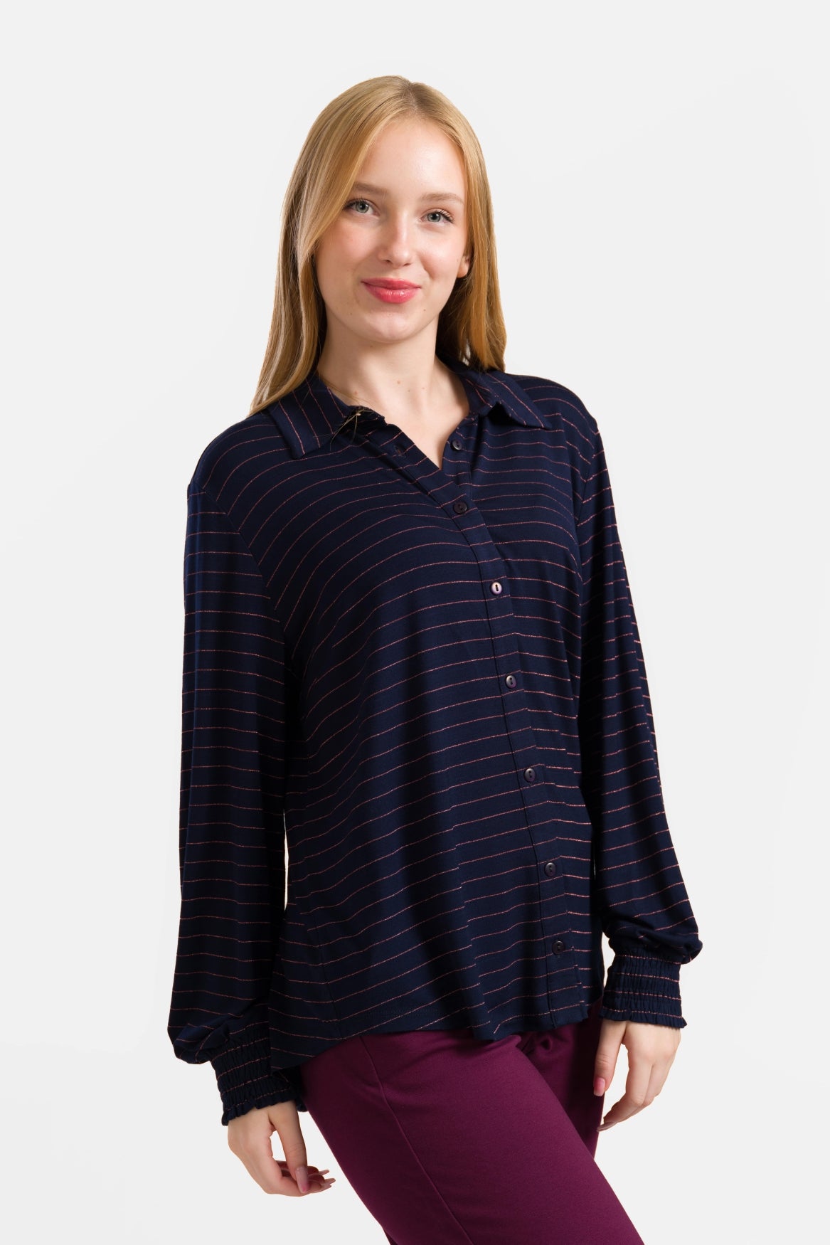 Amy Bluse | Gestreift Blau-Lurex Roségold