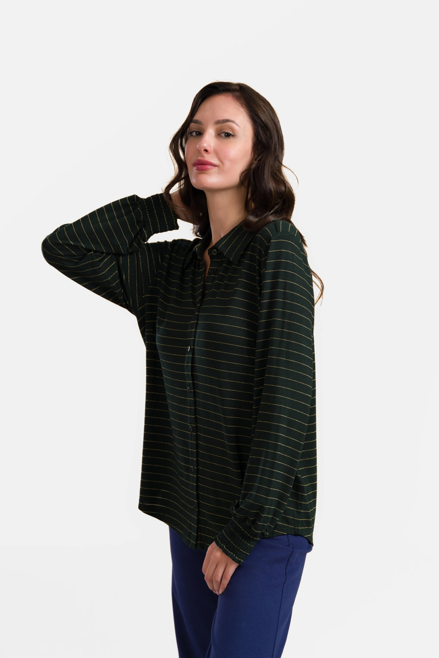Amy Bluse | Gestreift Grün-Lurex Gold