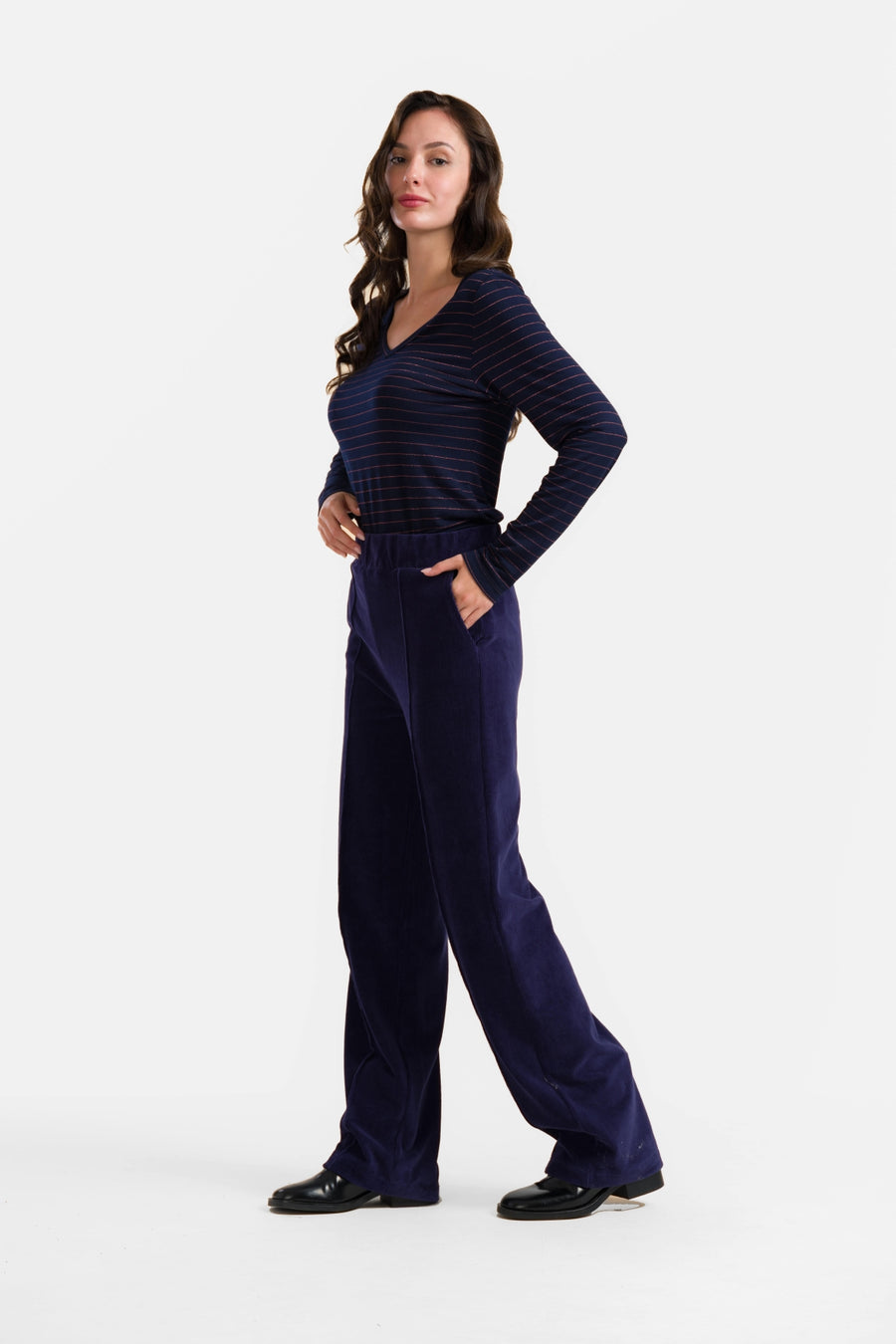 Hailey Hose | Gerippter Velours, Marineblau