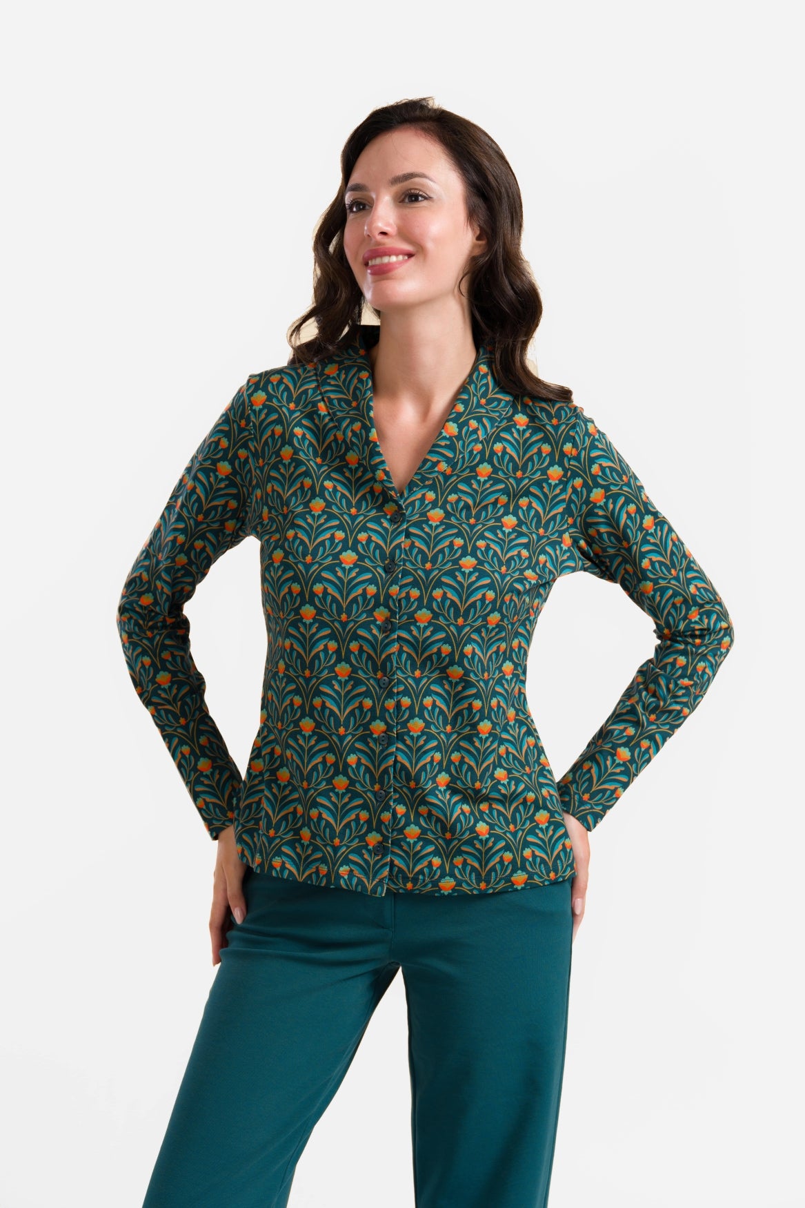 Irisbluse, langärmelig | Barockblumengrün