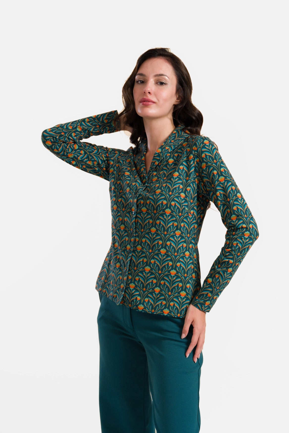 Irisbluse, langärmelig | Barockblumengrün