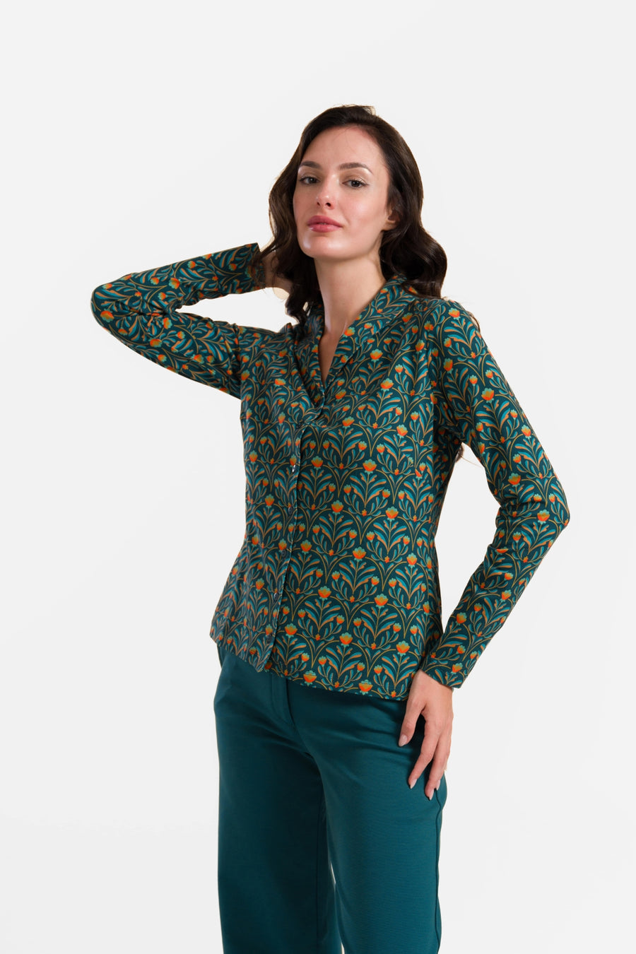 Irisbluse, langärmelig | Barockblumengrün
