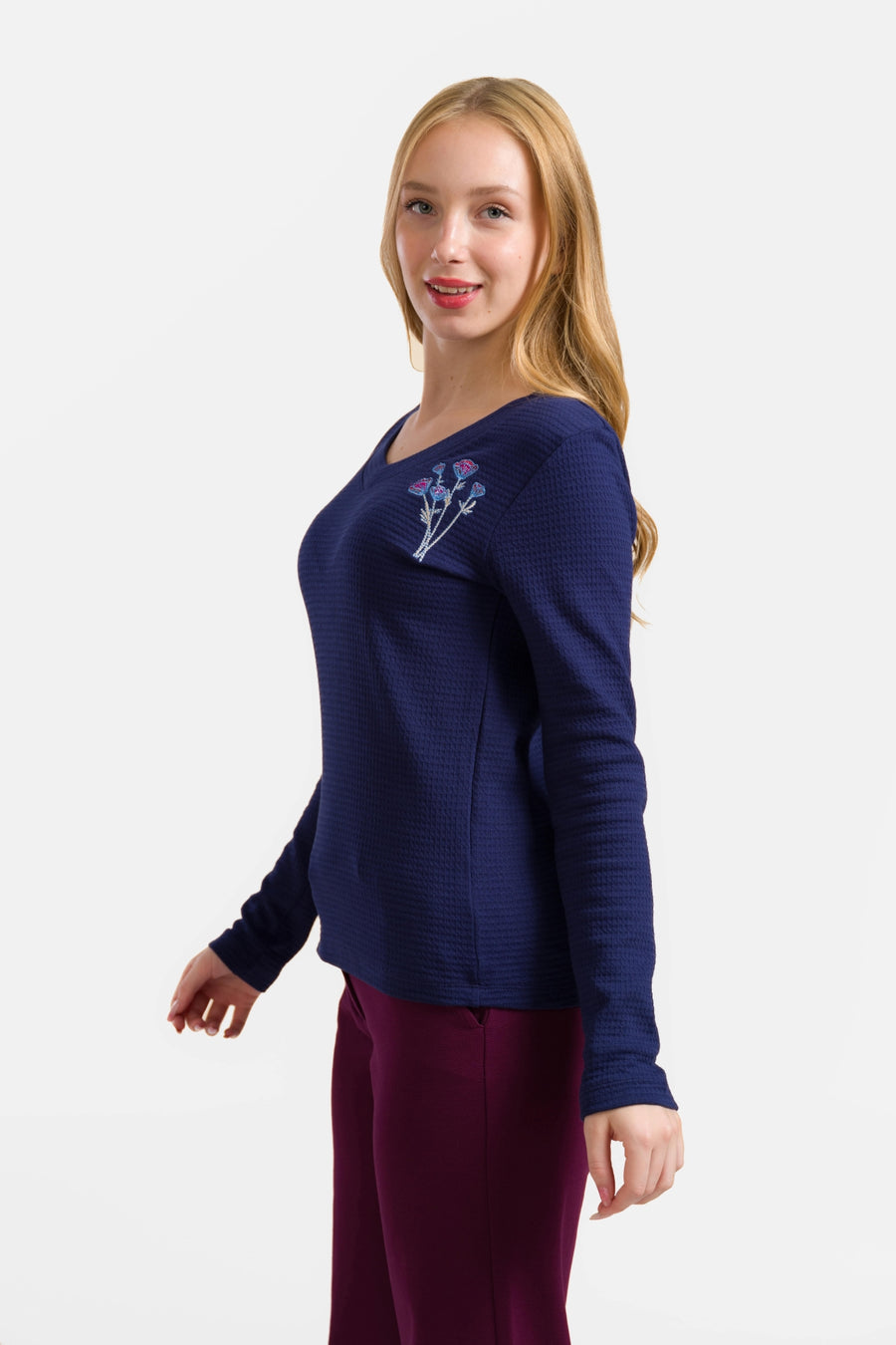 Kelly Top Ls | Waffelblau