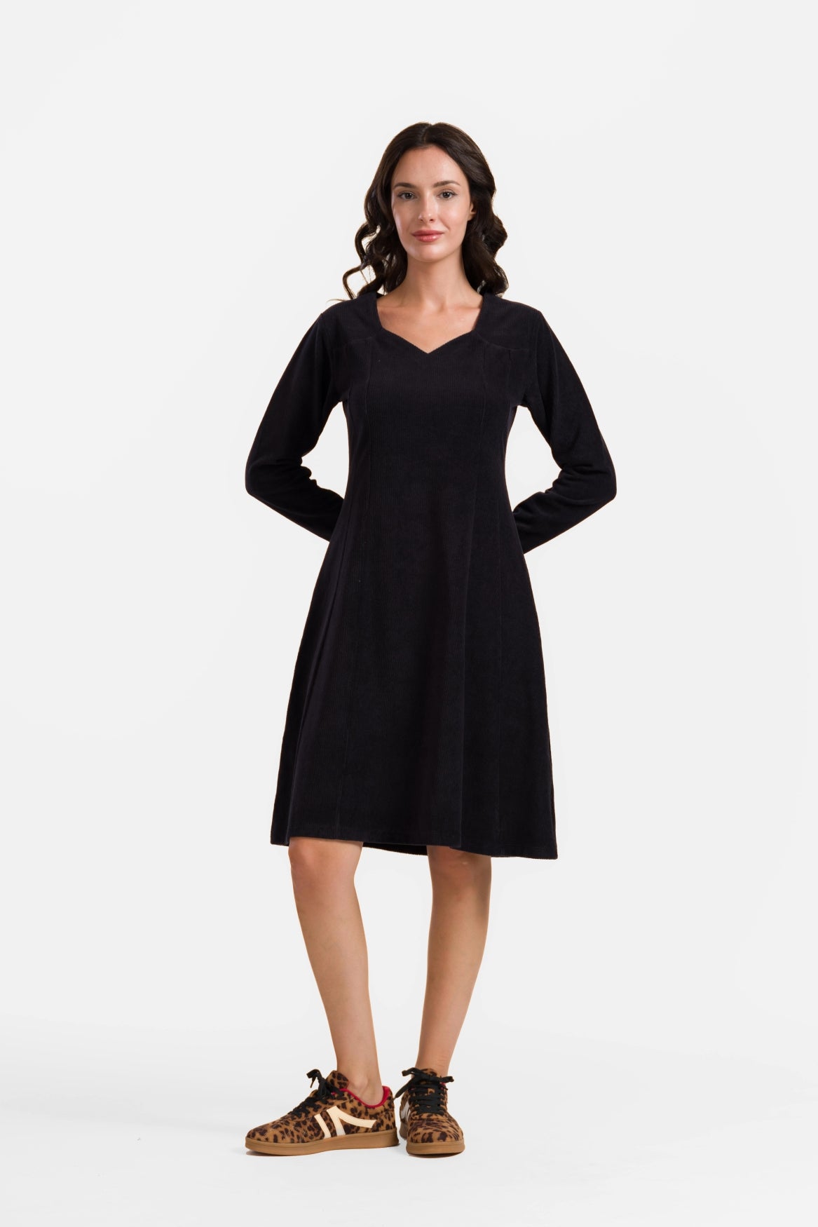 Sandra-Kleid | Gerippter Velours, Schwarz