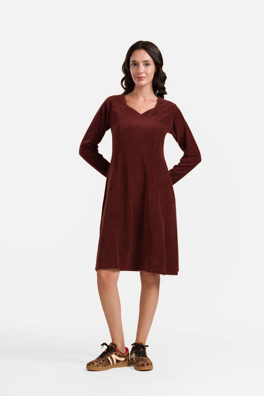 Sandra-Kleid | Gerippter Velours, Schokoladenbraun