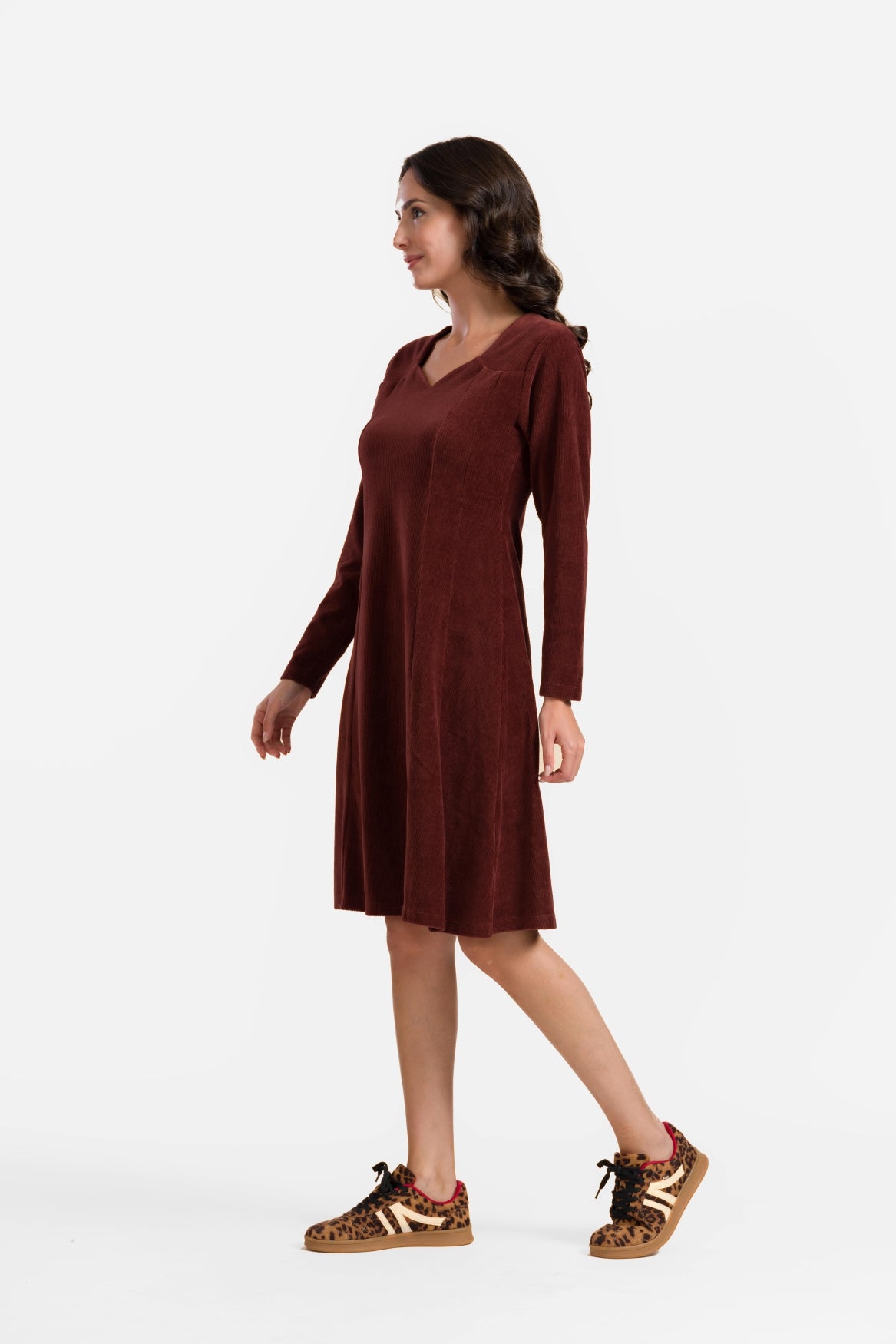 Sandra-Kleid | Gerippter Velours, Schokoladenbraun