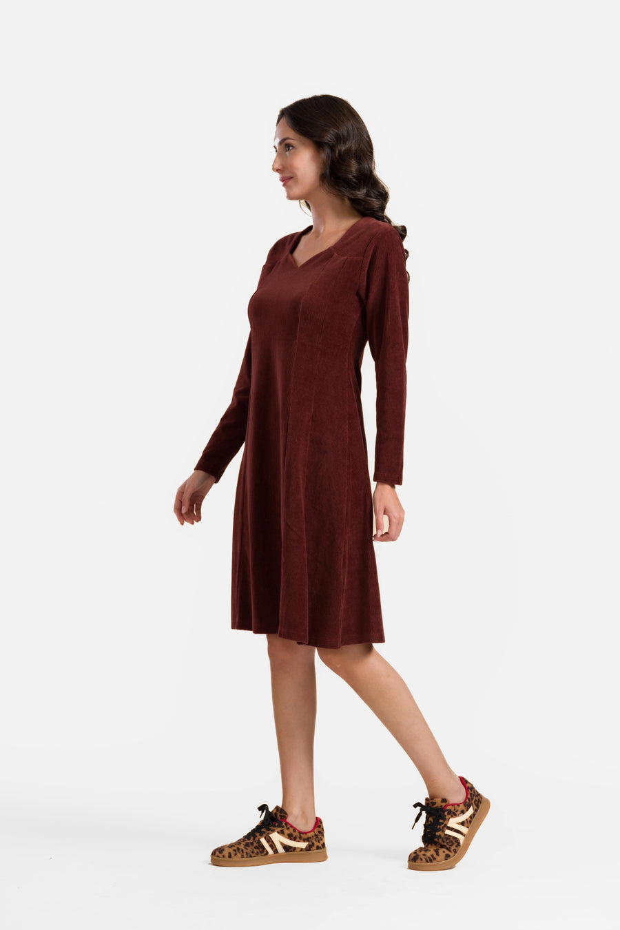 Sandra-Kleid | Gerippter Velours, Schokoladenbraun
