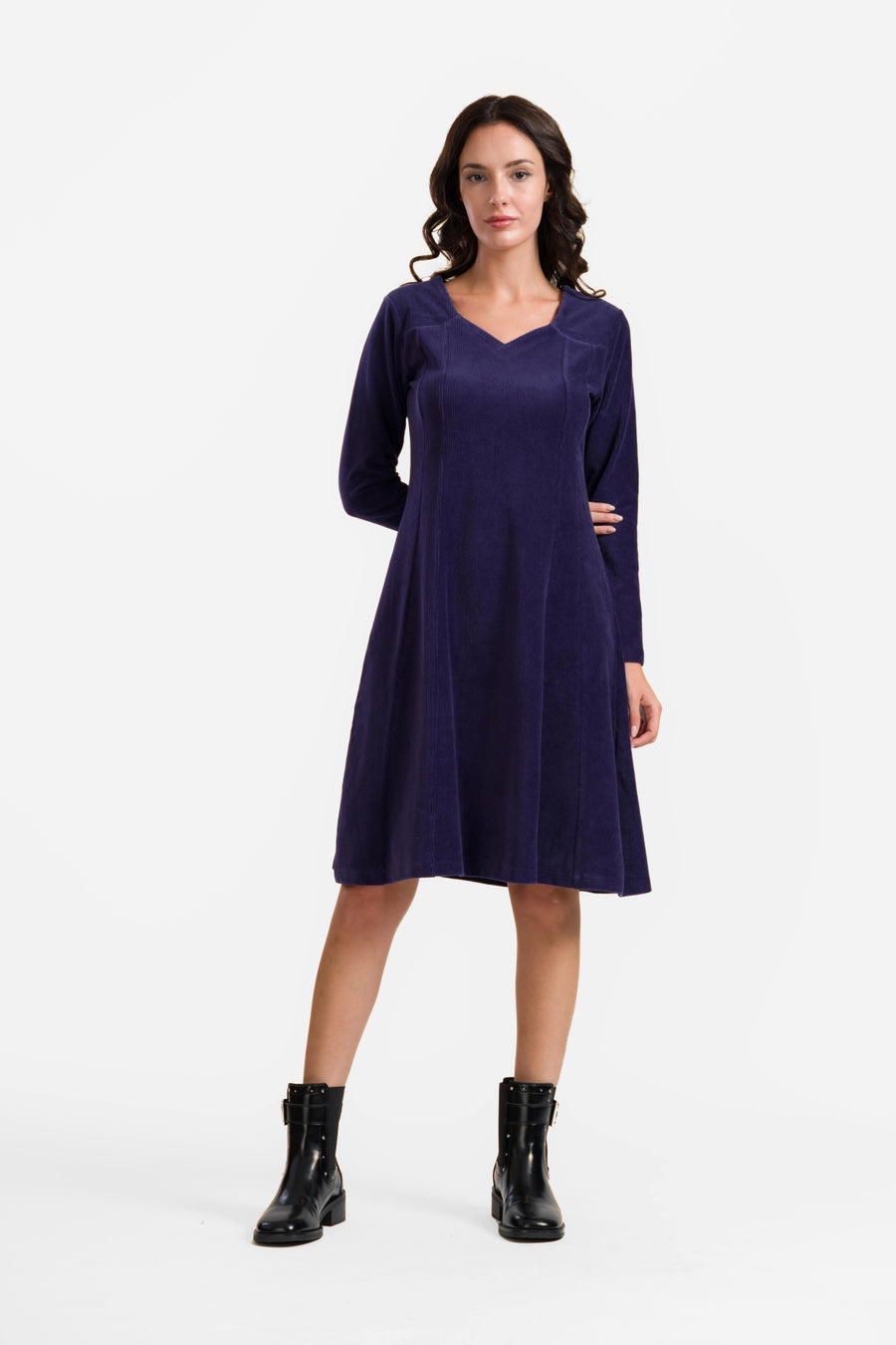Sandra-Kleid | Gerippter Velours, Marineblau