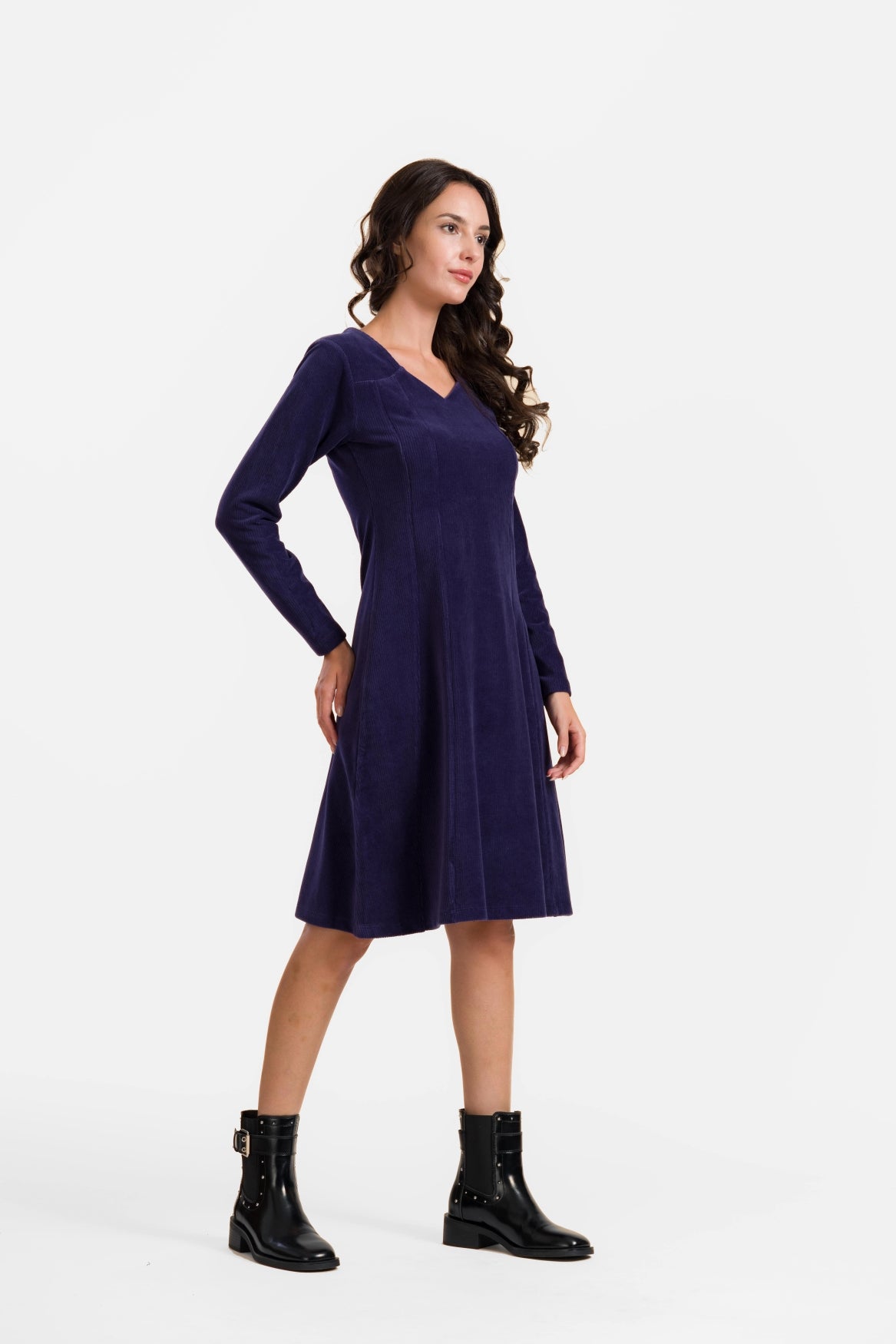 Sandra-Kleid | Gerippter Velours, Marineblau