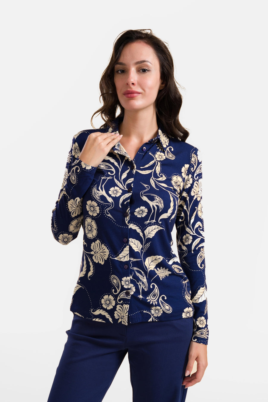 Bluse mit Stehkragen | Vogel aus Paisley